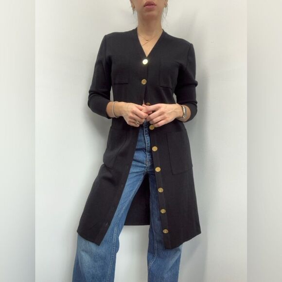 YSL Vintage Black Wool Cardigan Dress 3/4 Sleeve Large Gold Buttons Size M - Picture 3 of 14